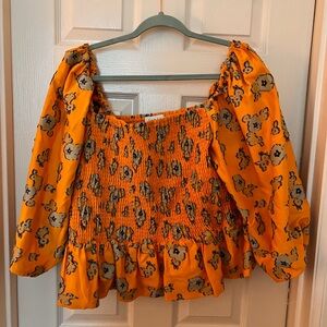 Tanya Taylor Yellow Blue Puff Sleeve Smocked Blouse